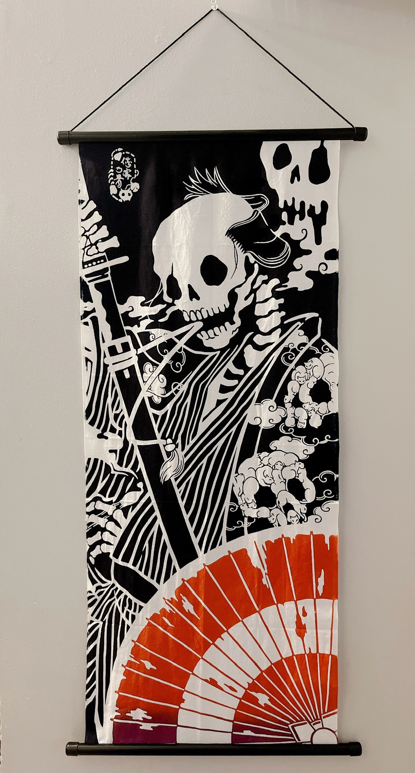 Skeleton Samurai Tenugui for Tapestry, Interior, Wall-Hanging, Door Curtain I Japanese Hand-Dyed Cotton Cloth I Home Decoration and Gift