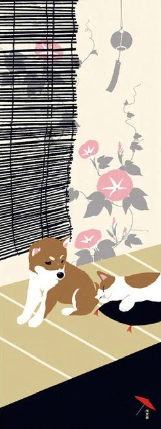 shibainu and cat Tenugui fabric