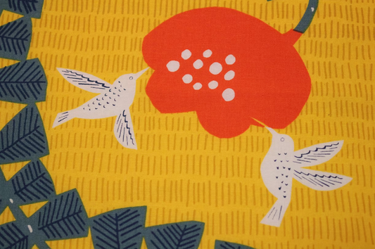 Furoshiki: "Bird & Flower " Yellow (SF-003)- Japanese smooth cotton fabric, square cloth for tapestry, table cloth, cover and wrapping