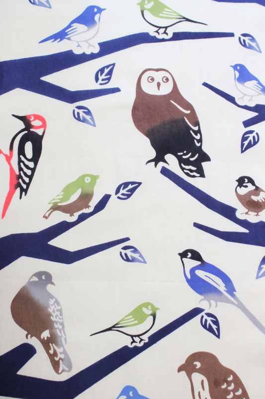 Tenugui, traditional hand-dyed Japanese cotton fabric towel: Birds - owls *perfect for door Curtain,Tapestry, gift and cover