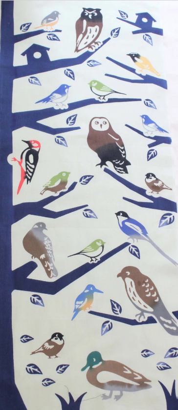 Tenugui, traditional hand-dyed Japanese cotton fabric towel: Birds - owls *perfect for door Curtain,Tapestry, gift and cover