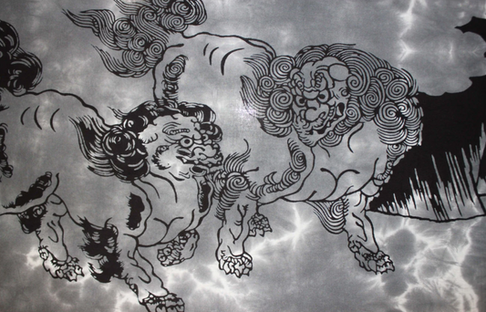 Tenugui, hand-dyed cotton cloth "Chinese Lions in lightning" (JT-002) Japanese craft for interior, tapestry, banner and gift