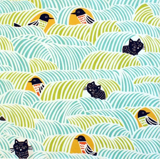 18" Furoshiki: "Birds & Black cats " Green/Pink - Japanese durable cotton fabric/cloth for tapestry, cover and wrapping