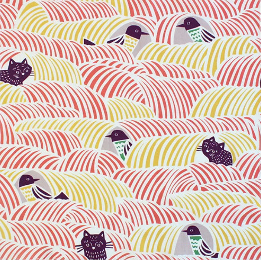 18" Furoshiki: "Birds & Black cats " Green/Pink - Japanese durable cotton fabric/cloth for tapestry, cover and wrapping