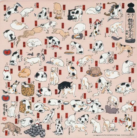 19" Small Size Furoshiki: "Ukiyoe - Cats", Japanese durable cotton fabric/cloth for tapestry, cover and wrapping