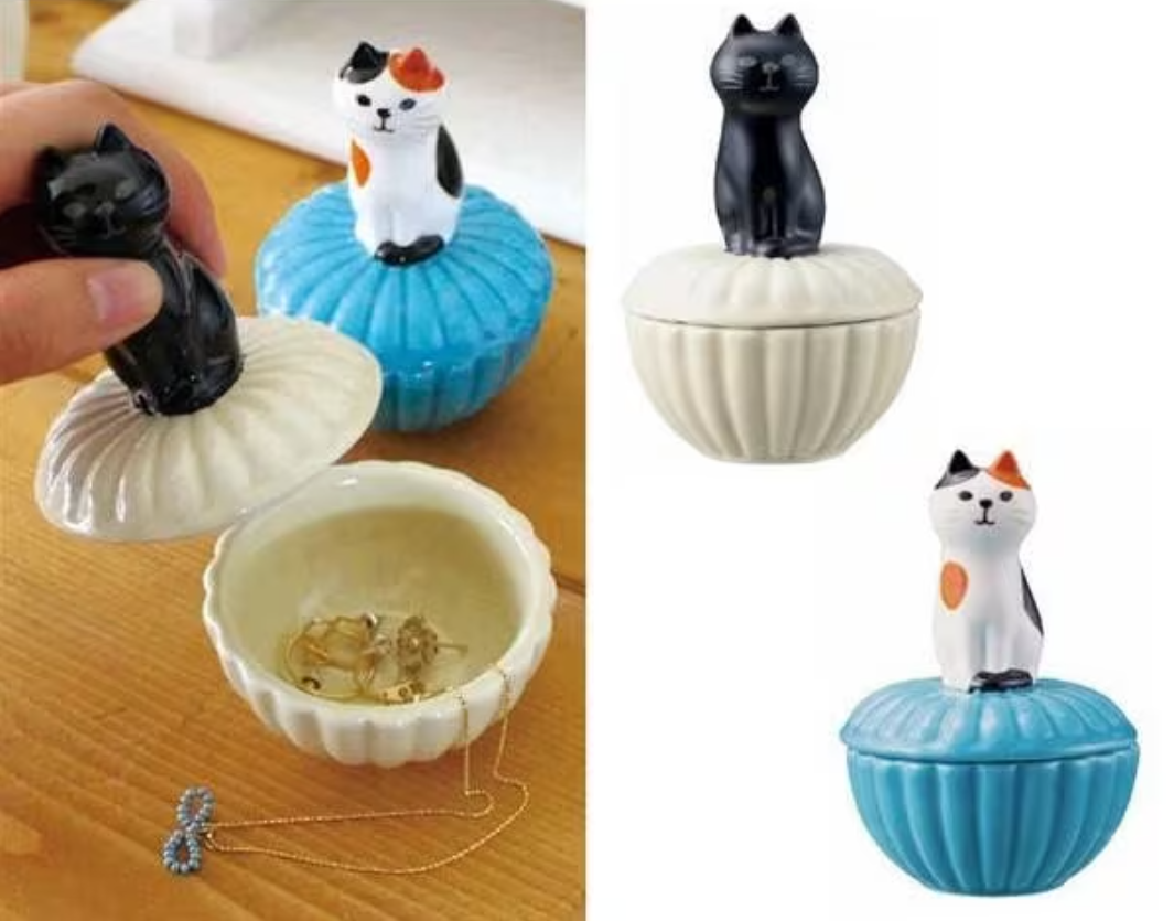 Kawaii Ceramic Cat Accessory keeper: Black Bombay Cat and Calico Cat