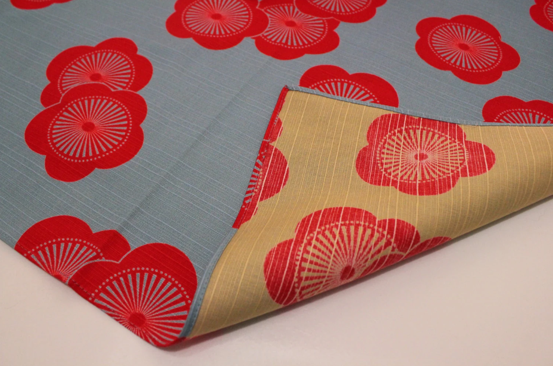 19" Small Size Double Sided Cloth "Reversible Furoshiki": Plum Blossoms-Sky Blue/Beige, Japanese durable square cotton fabric