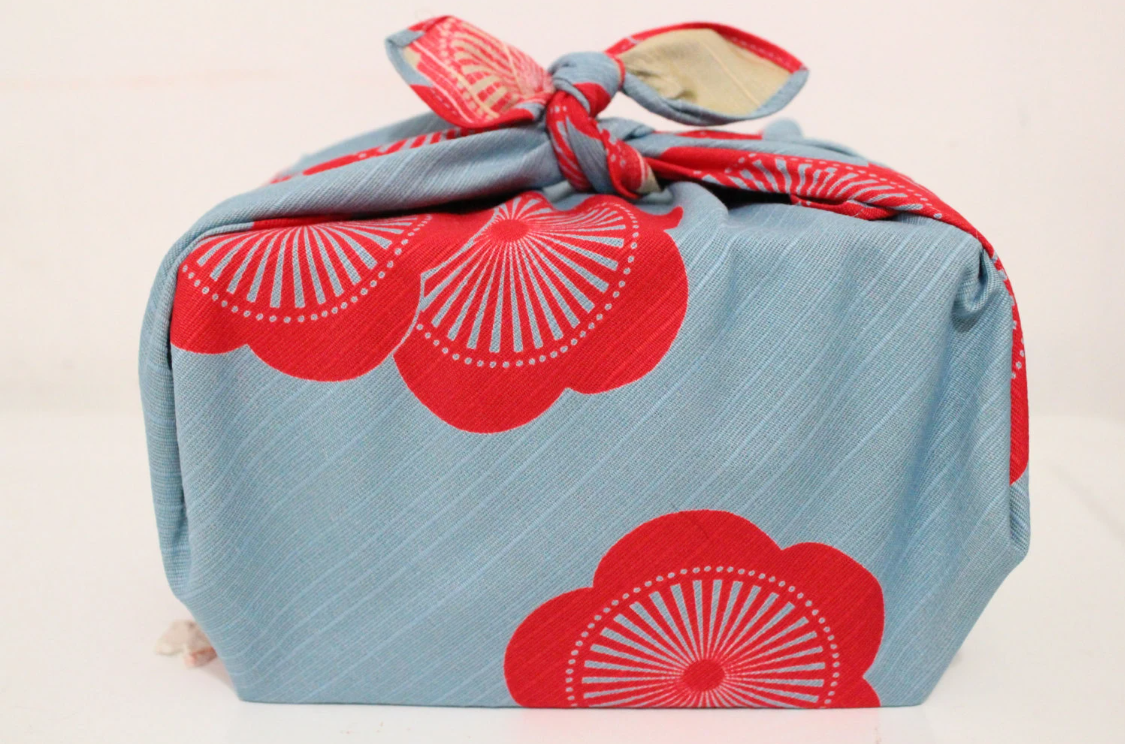 19" Small Size Double Sided Cloth "Reversible Furoshiki": Plum Blossoms-Sky Blue/Beige, Japanese durable square cotton fabric