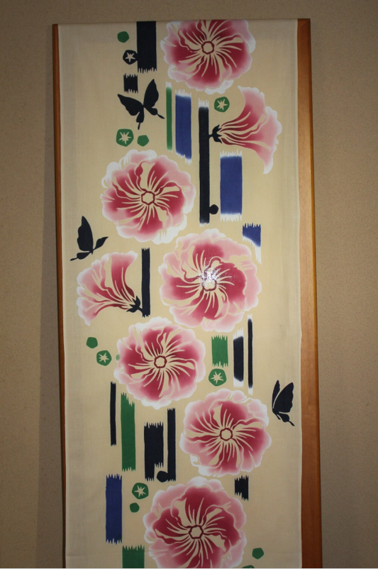 Flower Pattern Tenugui For Runner and Door curtain "Peony & Butterfly" (BT-003), hand-dyed Japanese cotton fabric