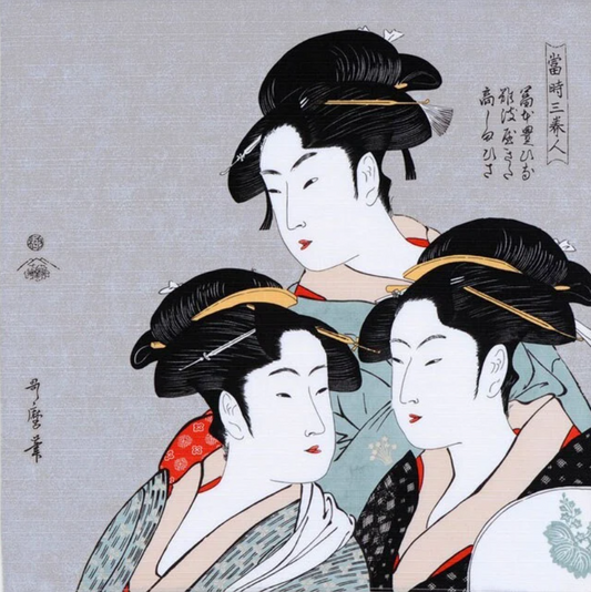 19" Small Size Furoshiki: "Three Beauties" by Kitagawa Utamaro Grey, Japanese durable cotton fabric/cloth for tapestry, cover and wrapping