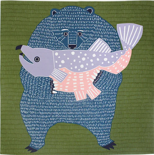 40" Furoshiki Bear - Green/Gray: Japanese square cotton fabric/cloth for tapestry, cover and gift wrapping