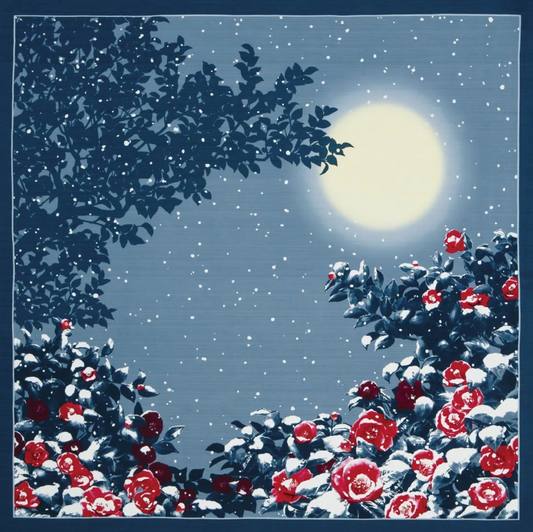 20" Small Size Furoshiki: Winter Scenery in Japan - Snow on Camellia - Japanese durable cotton fabric/cloth