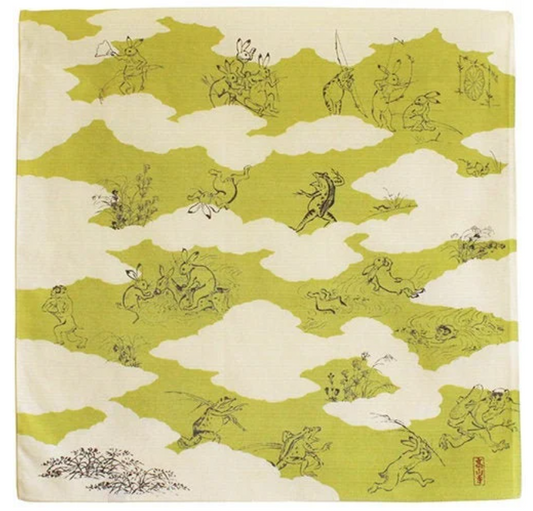 19" Small Size Furoshiki: "Rabbits and Frogs", Green - Japanese durable cotton fabric/cloth for tapestry, cover and wrapping