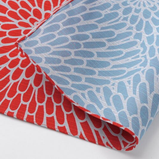 19"x19" Double Sided "Reversible Furoshiki": Chrysanthemum (Kiku Floral pattern) -Red/pale blue, square cotton fabric