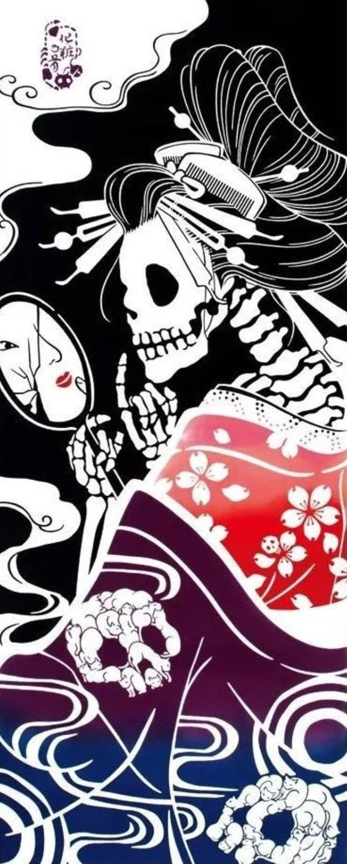 Skeleton Tenugui: "Women in Kimono" for Tapestry, Interior, Wall-Hanging, Door Curtain I Japanese Hand-Dyed Cotton Cloth I Home Decoration