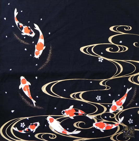 19" Small Size Furoshiki: "Swimming Koi - Carp", Japanese durable cotton fabric/cloth for tapestry, cover and wrapping